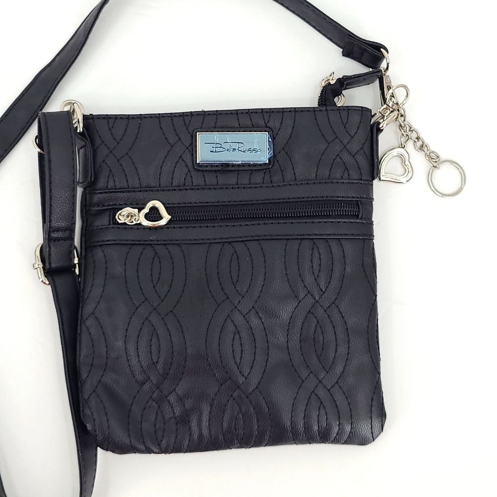 Bella Russo black silver heart zipper pulls adjustable crossbody strap bag purse